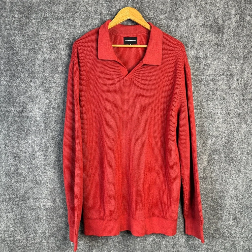 Lucky Brand Sweater Men XXL‎ Red Waffle Knit Collared Long Sleeve Casual Work